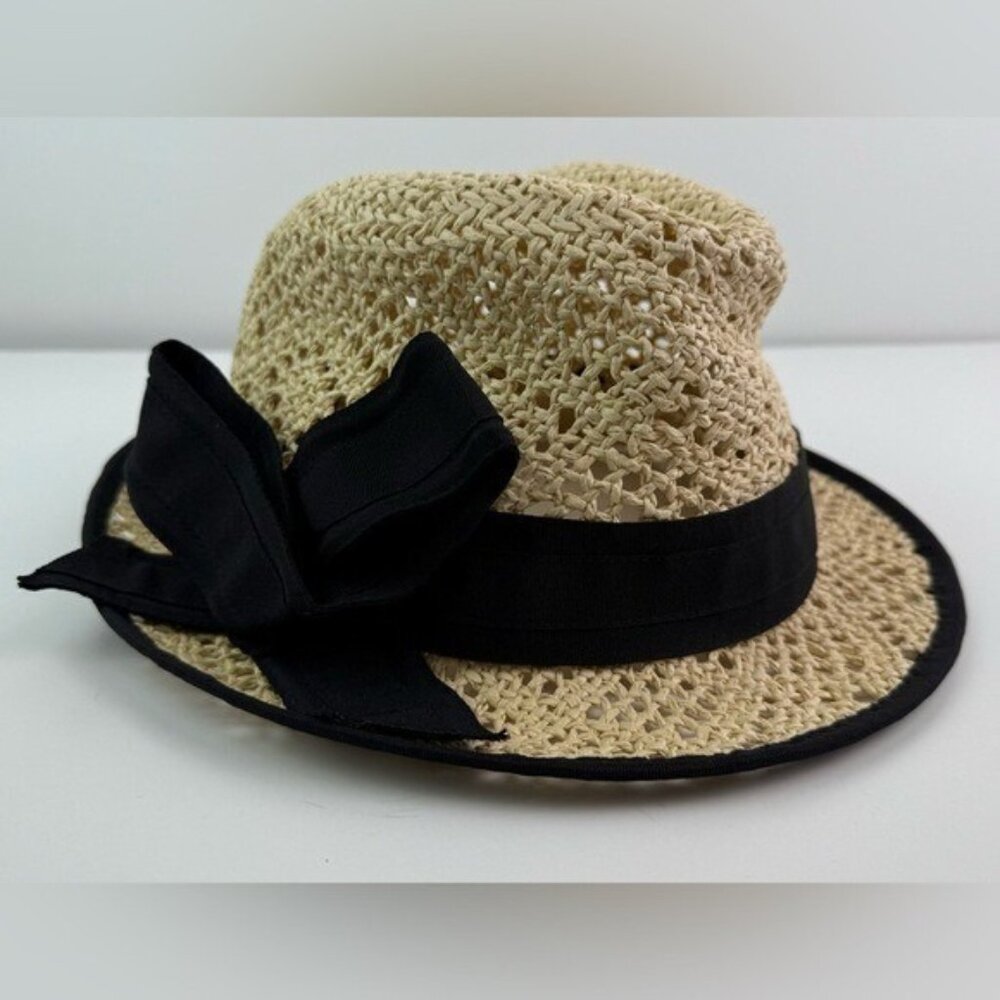 GIOVANNIO Woven Straw Fedora Sun Hat‎  With Black Band, Bow & Trim Adjustable